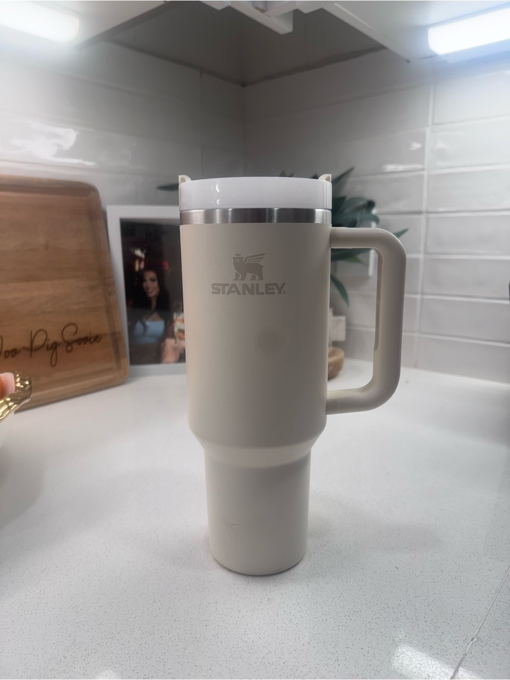 Stanley Cream Insulated Travel Mug with Handle and Stainless Rim